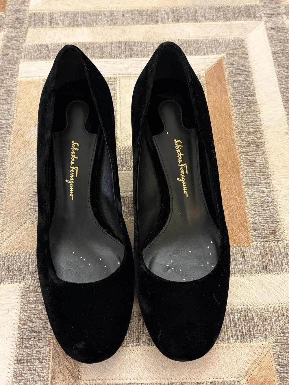 Black Velvet Ferragamo Pumps with Gold Sculpted Heel - Women's Shoes